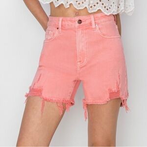 NWT RISEN Coral Pink High Rise Distressed Raw Hem Denim Shorts